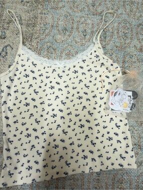 Brandy Melville Cream Cami with Navy Floral Print & Lace Trim